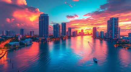 Generative AI image of Photo Realistic Extreme ultra fine, city of downtown Miami shot with dramatic Sunset from 500 feet high, many yachts, floating in waterways - Powered by Adobe