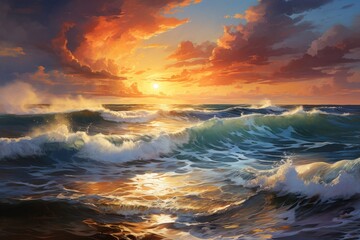 Painting of a Sunset Over the Ocean Generative AI