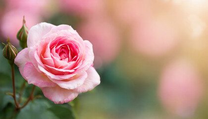 Horizontal banner with pink rose on blurred background. Beautiful nature.