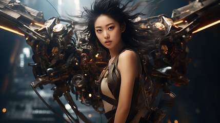 Fototapeta na wymiar Beautiful Asian woman with model looks, soaring into the cyberpunk skies on an advanced flying device.