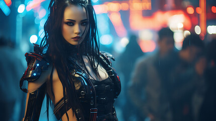 Beautiful Asian woman with model looks, taking part in a cyberpunk cosplay festival. - obrazy, fototapety, plakaty