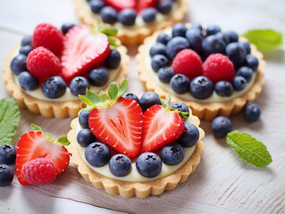 Delicious sweet tartlets with cream, strawberries and blueberries on a white background