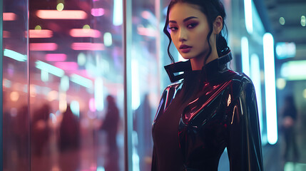 Beautiful Asian woman with model looks, passing by futuristic shop windows in a cyberpunk shopping center.