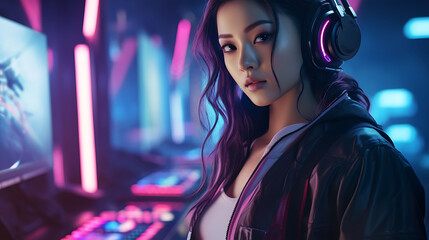 Beautiful Asian woman with model looks, playing cyberpunk esports.