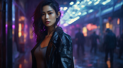 Beautiful Asian woman with model looks, taking photographs on cyberpunk streets. - obrazy, fototapety, plakaty
