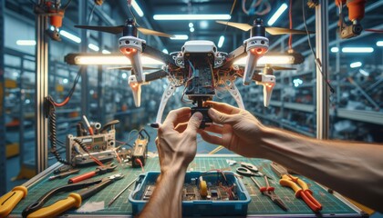 Man's hands repairing Collecting Parts a drone on the background of a factory interior. New technologies in drone production