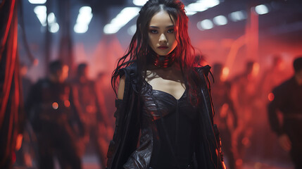 Beautiful Asian woman with model looks, participating in a cyberpunk fashion show in an arena.
