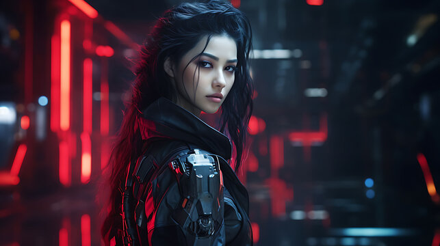 Beautiful, Asian woman, model looks, participating, cyberpunk sports event.