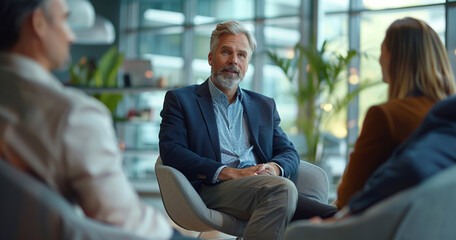 Mature businessman having discussion with team on chair in new office High detailed and high resolution