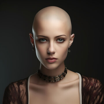 Portrait of a beautiful young woman with shaved head. Bald hairstyle.