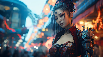 Obraz premium Beautiful Asian woman with model looks, participating in a cyberpunk arts festival.