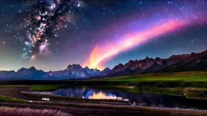 Deurstickers Night, milky way, galaxy, Mountains, river, landscape, sky, space, nebula, stars, © Every
