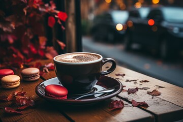 Assortment of macaron cookies and coffee on a cosmopolitan cafe table in a lively city district - obrazy, fototapety, plakaty