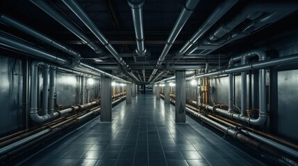 Empty underground tunnel with drainage system and metal pipes for transporting water and gas with long ceiling electrical cables.