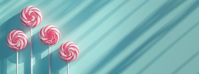 A sweet and delicious lollipops isolated on pastel blue background with sunlight shadows with copy space.