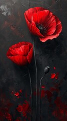 Stylized Red Poppies on Dark Background
