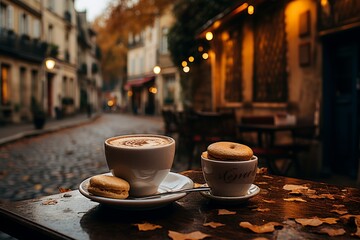 Macaron cookies and coffee on cafe table next to window in lively urban street scene - obrazy, fototapety, plakaty