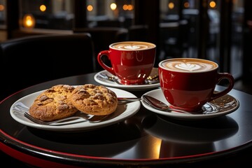 Bustling city sidewalk cafe with table adorned with macaron cookies and cup of coffee