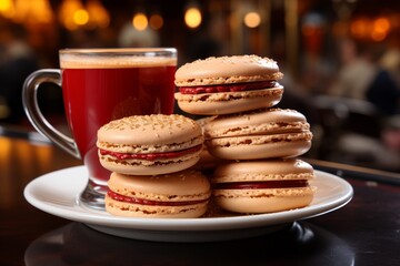 Assorted macarons and a steaming cup of coffee on a coffee table at a bustling city cafe scene - 746581708