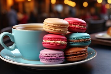 Assorted macarons and steaming coffee on cafe table in a vibrant city cafe setting - 746581713