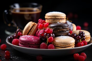 Vibrant scene of assorted macarons and steaming coffee on a bustling city cafe table - 746581717