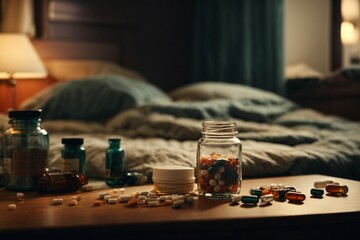 Wooden Table Covered With Assorted Pills. Generative AI. - 746581735