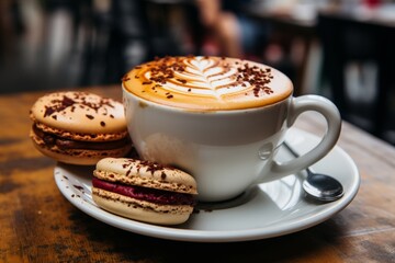 Assorted colorful macarons and a hot cup of coffee on a stylish coffee table in a vibrant city cafe - 746581759