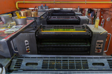 Offset printing machines. Large printing machine perspective. printing machine cylinders and...