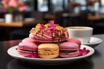 Assorted macarons and fresh coffee in a bustling city cafe setting - 746581767