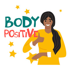 Body positive. Happy girl holding a star, active healthy lifestyle. Vector illustration.
