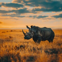 Majestic Rhinoceros Roaming the African Savannah: A Symbol of Power and Endangerment in the Wild. This Magnificent Creature