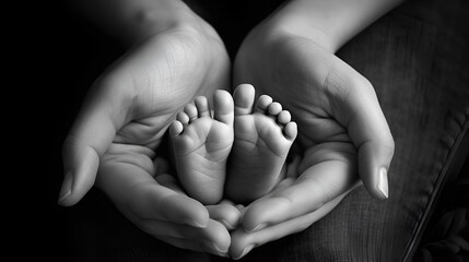 baby feet in mother hands heart shape, generative Ai