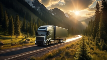 A semi-trailer truck is driving on a long highway with the sunset in the background.