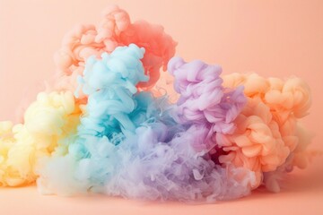 A burst of rainbow-colored smoke creates a dreamy puff cloud against a soft, pastel backdrop, illustrating a colorful and artistic display.