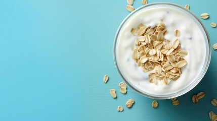 Yogurt served with dry oatmeal on a blue background