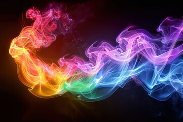 A vibrant swirl of rainbow-colored smoke flows elegantly against a dark backdrop, creating an abstract and colorful display.