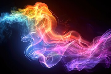 A vibrant swirl of rainbow-colored smoke flows elegantly against a dark backdrop, creating an abstract and colorful display.