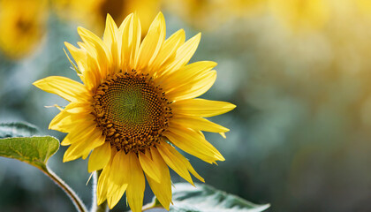 Fototapeta premium Horizontal banner with bright yellow sunflower on blurred background. Beautiful nature.