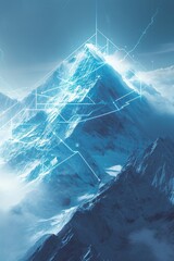 Generative AI image of Ultra image of an arctic mountain in bright daylight, with an integrated simplistic cyber flowchart on how to get to the top, with clear steps.  - obrazy, fototapety, plakaty