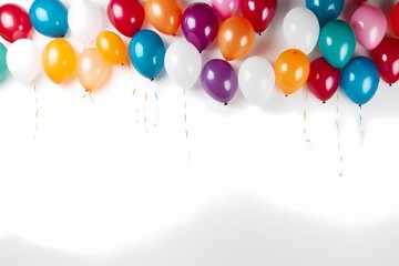 An overhead shot presenting a collection of birthday balloons in vibrant hues, arranged neatly on a white surface, providing ample copy space for messages.
