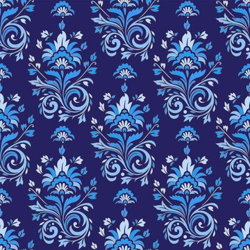 Blue and gold luxury vector seamless pattern. Ornament, Traditional, Ethnic, Arabic, Turkish, Indian motifs. Great for fabric and textile, wallpaper, packaging design or any desired idea.