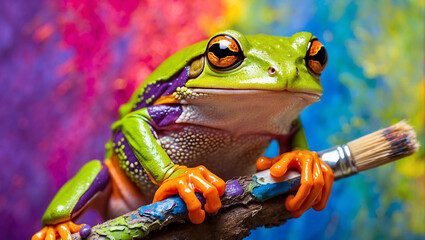 a green frog with spots of acrylic paint sits on a brush. Colored paint stains in the background