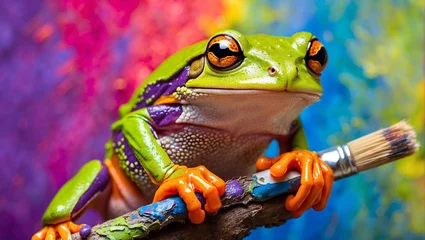 Foto op Canvas a green frog with spots of acrylic paint sits on a brush. Colored paint stains in the background © woodbe