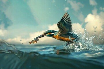 A female kingfisher emerges from the water, dives to catch a fish, holds a fish in her beak, the bird moves in flight.