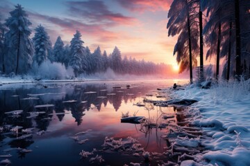 Snow Covered Trees Surrounding Lake at Sunset Generative AI