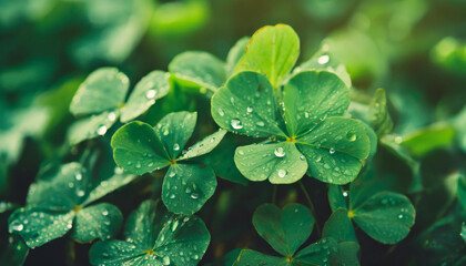 Lush green clover leaves with dew droplets. St. Patrick's Day holiday
