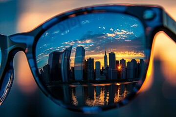 The reflection of a bustling city can be seen in the lenses of a pair of sunglasses, showcasing buildings, streets, and city life in a unique way. Generative AI