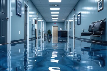 A sleek blue epoxy floor reflects the lighting in a modern office corridor, highlighting its clean, polished appearance and professional environment.