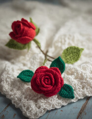 pair of red woollen crochet roses laid on a white crochet blanket 