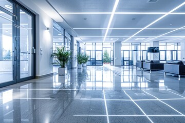 A contemporary office space with a shiny new epoxy floor reflects the bright lights, complemented by glass windows and comfortable seating areas.